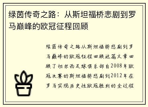 绿茵传奇之路：从斯坦福桥悲剧到罗马巅峰的欧冠征程回顾